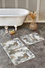 - Realhomes - Realhomes  2'li Set Gri - Krem Zeminde Kanvas Motifli Yağlıboya Desenli Eskitme Motifli Vintage  2'li Banyo & Mutfak Paspas Takımı Realhomes
