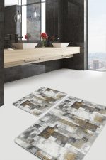 - PaspasTakimi-2li-Set1367-Gorsel-5 - Realhomes  2'li Set Gri - Krem Zeminde Kanvas Motifli Yağlıboya Desenli Eskitme Motifli Vintage  2'li Banyo & Mutfak Paspas Takımı Realhomes