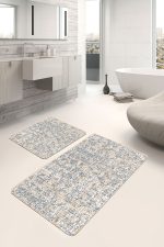 2'li Set Krem - Mavi Zeminde Kanvas Motifli Fırça Darbeleri Desenli Eskitme Motifli Sade & Şık  2'li Banyo & Mutfak Paspas Takımı Realhomes