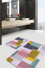 - PaspasTakimi-2li-Set1369-Gorsel-1 - Realhomes  2'li Set Pembe - Sarı Zeminde Geometrik Motifli Çizgili Desenli Geometrik Klasik  2'li Banyo & Mutfak Paspas Takımı Realhomes