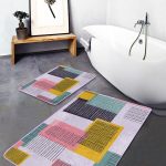 2'li Set Mavi - Bej Zeminde Geometrik Motifli Etnik Desenli Eskitme Motifli Geometrik  2'li Banyo & Mutfak Paspas Takımı Realhomes