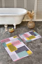 - Realhomes - Realhomes  2'li Set Pembe - Sarı Zeminde Geometrik Motifli Çizgili Desenli Geometrik Klasik  2'li Banyo & Mutfak Paspas Takımı Realhomes