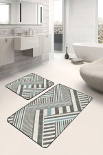 2'li Set Krem - Füme Zeminde Geometrik Motifli Kanvas Desenli Sade & Şık Geometrik  2'li Banyo & Mutfak Paspas Takımı Realhomes