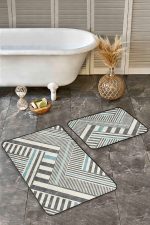 2'li Set Krem - Füme Zeminde Geometrik Motifli Kanvas Desenli Sade & Şık Geometrik  2'li Banyo & Mutfak Paspas Takımı Realhomes