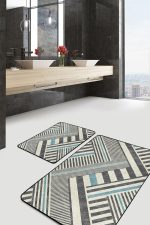 2'li Set Krem - Füme Zeminde Geometrik Motifli Kanvas Desenli Sade & Şık Geometrik  2'li Banyo & Mutfak Paspas Takımı Realhomes