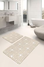 2'li Set Krem Zeminde Geometrik Motifli Çokgen Desenli Geometrik Sade & Şık  2'li Banyo & Mutfak Paspas Takımı Realhomes