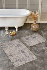 - Realhomes - Realhomes  2'li Set Kahverengi Zeminde Örme Motifli Eskitme Desenli Geometrik Eskitme Motifli  2'li Banyo & Mutfak Paspas Takımı Realhomes