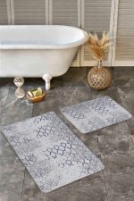 2'li Set Gri - Lacivert Zeminde Morrocan Motifli Antika Desenli Geometrik Eskitme Motifli  2'li Banyo & Mutfak Paspas Takımı Realhomes