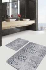 2'li Set Gri - Lacivert Zeminde Morrocan Motifli Antika Desenli Geometrik Eskitme Motifli  2'li Banyo & Mutfak Paspas Takımı Realhomes