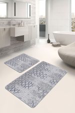 2'li Set Gri - Lacivert Zeminde Morrocan Motifli Antika Desenli Geometrik Eskitme Motifli  2'li Banyo & Mutfak Paspas Takımı Realhomes