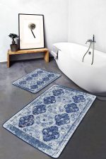 - PaspasTakimi-2li-Set1375-Gorsel-1 - Realhomes  2'li Set Lacivert Zeminde Otantik Motifli Kilim Desenli Avangarde Eskitme Motifli  2'li Banyo & Mutfak Paspas Takımı Realhomes