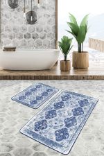 - PaspasTakimi-2li-Set1375-Gorsel - Realhomes  2'li Set Lacivert Zeminde Otantik Motifli Kilim Desenli Avangarde Eskitme Motifli  2'li Banyo & Mutfak Paspas Takımı Realhomes