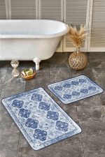 - Realhomes - Realhomes  2'li Set Lacivert Zeminde Otantik Motifli Kilim Desenli Avangarde Eskitme Motifli  2'li Banyo & Mutfak Paspas Takımı Realhomes