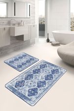 - PaspasTakimi-2li-Set1375-Gorsel-5 - Realhomes  2'li Set Lacivert Zeminde Otantik Motifli Kilim Desenli Avangarde Eskitme Motifli  2'li Banyo & Mutfak Paspas Takımı Realhomes