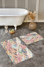 - Realhomes - Realhomes 2'li Set Çok Renkli Zeminde Patchwork Motifli İkat Desenli Sade & Şık Vintage 2'li Banyo & Mutfak Paspas Takımı Realhomes