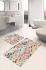 - PaspasTakimi-2li-Set1376-Gorsel-2 - Realhomes 2'li Set Çok Renkli Zeminde Patchwork Motifli İkat Desenli Sade & Şık Vintage 2'li Banyo & Mutfak Paspas Takımı Realhomes