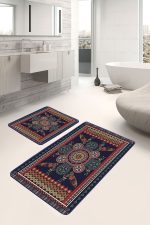 2'li Set Lacivert Zeminde Antik Motifli Dokuma Halı Desenli Avangarde Vintage  2'li Banyo & Mutfak Paspas Takımı Realhomes