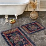 2'li Set Krem - Kahverengi Zeminde Çerçeveli Motifli Antika Desenli Geometrik Eskitme Motifli  2'li Banyo & Mutfak Paspas Takımı Realhomes