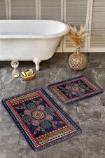 2'li Set Lacivert Zeminde Antik Motifli Dokuma Halı Desenli Avangarde Vintage  2'li Banyo & Mutfak Paspas Takımı Realhomes