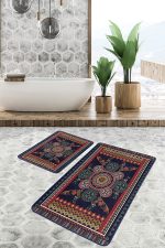2'li Set Lacivert Zeminde Antik Motifli Dokuma Halı Desenli Avangarde Vintage  2'li Banyo & Mutfak Paspas Takımı Realhomes