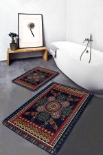 2'li Set Lacivert Zeminde Antik Motifli Dokuma Halı Desenli Avangarde Vintage  2'li Banyo & Mutfak Paspas Takımı Realhomes
