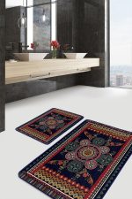 2'li Set Lacivert Zeminde Antik Motifli Dokuma Halı Desenli Avangarde Vintage  2'li Banyo & Mutfak Paspas Takımı Realhomes
