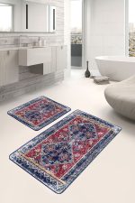 2'li Set Lacivert - Kırmızı Zeminde Göbekli Halı Motifli Antika Desenli Eskitme Motifli Avangarde  2'li Banyo & Mutfak Paspas Takımı Realhomes