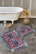 2'li Set Lacivert - Kırmızı Zeminde Göbekli Halı Motifli Antika Desenli Eskitme Motifli Avangarde  2'li Banyo & Mutfak Paspas Takımı Realhomes
