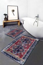 2'li Set Lacivert - Kırmızı Zeminde Göbekli Halı Motifli Antika Desenli Eskitme Motifli Avangarde  2'li Banyo & Mutfak Paspas Takımı Realhomes