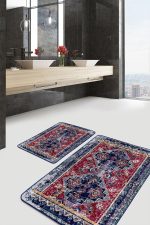 2'li Set Lacivert - Kırmızı Zeminde Göbekli Halı Motifli Antika Desenli Eskitme Motifli Avangarde  2'li Banyo & Mutfak Paspas Takımı Realhomes