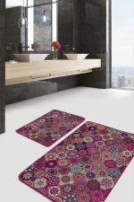 - PaspasTakimi-2li-Set1381-Gorsel-1 - Realhomes 2'li Set Kırmızı Zeminde Patchwork Motifli Geleneksel Desenli Geometrik Vintage 2'li Banyo & Mutfak Paspas Takımı Realhomes