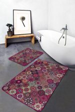 - PaspasTakimi-2li-Set1381-Gorsel - Realhomes 2'li Set Kırmızı Zeminde Patchwork Motifli Geleneksel Desenli Geometrik Vintage 2'li Banyo & Mutfak Paspas Takımı Realhomes