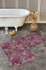 - Realhomes - Realhomes 2'li Set Kırmızı Zeminde Patchwork Motifli Geleneksel Desenli Geometrik Vintage 2'li Banyo & Mutfak Paspas Takımı Realhomes