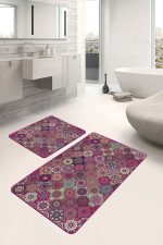 - PaspasTakimi-2li-Set1381-Gorsel-4 - Realhomes 2'li Set Kırmızı Zeminde Patchwork Motifli Geleneksel Desenli Geometrik Vintage 2'li Banyo & Mutfak Paspas Takımı Realhomes