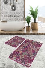 - PaspasTakimi-2li-Set1381-Gorsel-5 - Realhomes 2'li Set Kırmızı Zeminde Patchwork Motifli Geleneksel Desenli Geometrik Vintage 2'li Banyo & Mutfak Paspas Takımı Realhomes