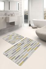 - PaspasTakimi-2li-Set1382-Gorsel-2 - Realhomes  2'li Set Sarı - Krem Zeminde Şerit Motifli Kilim Desenli Geometrik Sade & Şık  2'li Banyo & Mutfak Paspas Takımı Realhomes