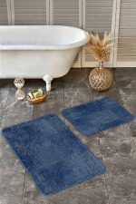 2'li Set Lacivert Zeminde Örgü Motifli Kilim Desenli Geometrik Eskitme Motifli  2'li Banyo & Mutfak Paspas Takımı Realhomes