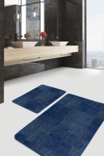 2'li Set Lacivert Zeminde Örgü Motifli Kilim Desenli Geometrik Eskitme Motifli  2'li Banyo & Mutfak Paspas Takımı Realhomes