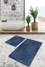 2'li Set Lacivert Zeminde Örgü Motifli Kilim Desenli Geometrik Eskitme Motifli  2'li Banyo & Mutfak Paspas Takımı Realhomes