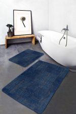2'li Set Lacivert Zeminde Örgü Motifli Kilim Desenli Geometrik Eskitme Motifli  2'li Banyo & Mutfak Paspas Takımı Realhomes