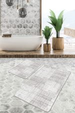 - PaspasTakimi-2li-Set1384-Gorsel-1 - Realhomes  2'li Set Beyaz - Ekru Zeminde Örgü Motifli Kilim Desenli Geometrik Eskitme Motifli  2'li Banyo & Mutfak Paspas Takımı Realhomes