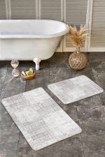 - Realhomes - Realhomes  2'li Set Beyaz - Ekru Zeminde Örgü Motifli Kilim Desenli Geometrik Eskitme Motifli  2'li Banyo & Mutfak Paspas Takımı Realhomes