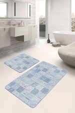 - PaspasTakimi-2li-Set1385-Gorsel-2 - Realhomes  2'li Set Mavi - Gri Zeminde Örgü Motifli Patchwork Desenli Eskitme Motifli Sade & Şık  2'li Banyo & Mutfak Paspas Takımı Realhomes