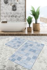 - PaspasTakimi-2li-Set1385-Gorsel-4 - Realhomes  2'li Set Mavi - Gri Zeminde Örgü Motifli Patchwork Desenli Eskitme Motifli Sade & Şık  2'li Banyo & Mutfak Paspas Takımı Realhomes