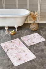 - Realhomes - Realhomes  2'li Set Pembe - Gold Zeminde Altın Motifli Mermer Desenli Modern Sade & Şık  2'li Banyo & Mutfak Paspas Takımı Realhomes