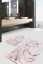 - PaspasTakimi-2li-Set1386-Gorsel - Realhomes  2'li Set Pembe - Gold Zeminde Altın Motifli Mermer Desenli Modern Sade & Şık  2'li Banyo & Mutfak Paspas Takımı Realhomes
