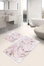 - PaspasTakimi-2li-Set1386-Gorsel-2 - Realhomes  2'li Set Pembe - Gold Zeminde Altın Motifli Mermer Desenli Modern Sade & Şık  2'li Banyo & Mutfak Paspas Takımı Realhomes