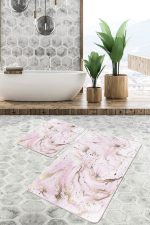 - PaspasTakimi-2li-Set1386-Gorsel-4 - Realhomes  2'li Set Pembe - Gold Zeminde Altın Motifli Mermer Desenli Modern Sade & Şık  2'li Banyo & Mutfak Paspas Takımı Realhomes