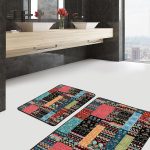 2'li Set Füme - Mavi Zeminde Geometrik Motifli Kanvas Desenli Geometrik Sade & Şık  2'li Banyo & Mutfak Paspas Takımı Realhomes