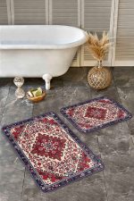 - Realhomes - Realhomes 2'li Set Kırmızı Zeminde Antik Motifli El Dokuma Desenli Etnik Motifler Avangarde 2'li Banyo & Mutfak Paspas Takımı Realhomes